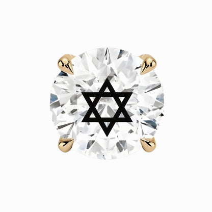 עגיל אבן מוסונייט עגול עם חריטת לייזר מגן דוד – זהב 14 קראט צהוב/לבן/רוז גולד – עגיל ייחודי עם מסר רוחני