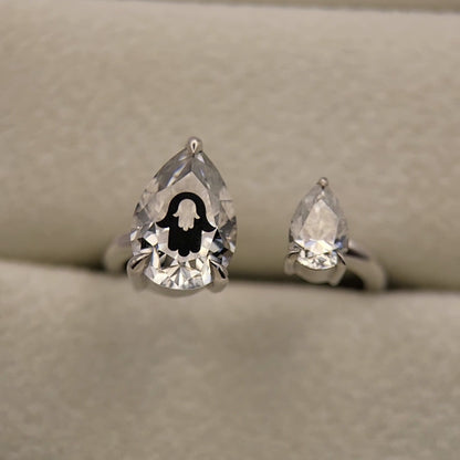 Laser Engrave Onto Center Of Lab Grown Diamond Pears Ring Hamsa Engraved 14K Gold