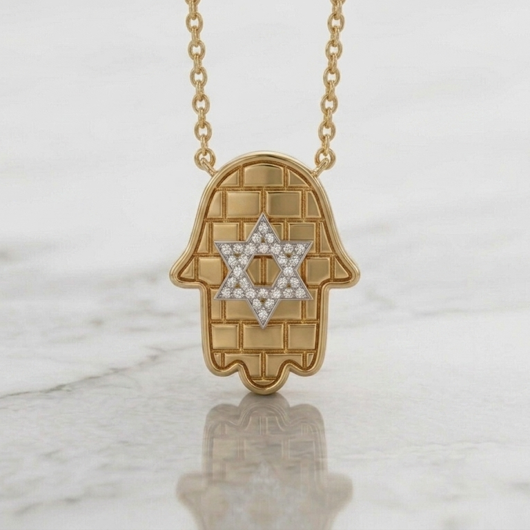 שרשרת תליון כותל מגן דוד בשיבוץ יהלומי מעבדה זהב 14 קראט צהוב/לבן/רוז גולד