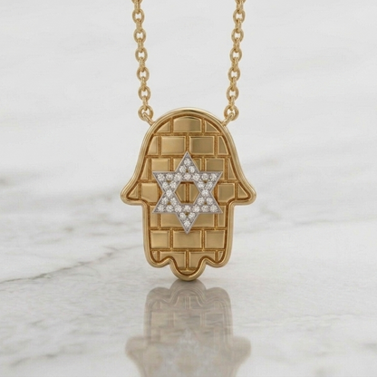 שרשרת תליון כותל מגן דוד בשיבוץ יהלומי מעבדה זהב 14 קראט צהוב/לבן/רוז גולד