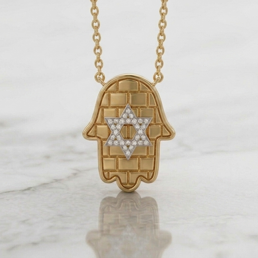 שרשרת תליון כותל מגן דוד בשיבוץ יהלומי מעבדה זהב 14 קראט צהוב/לבן/רוז גולד