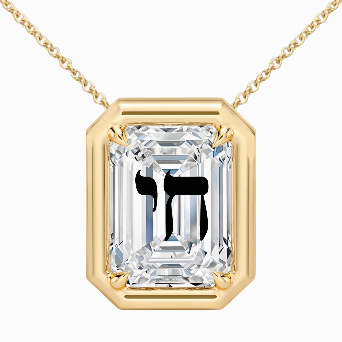 Laser Engrave On Lab Grown Diamond Emerald Bezel Prongs Pendant Chai Engraved Necklace 14K Gold