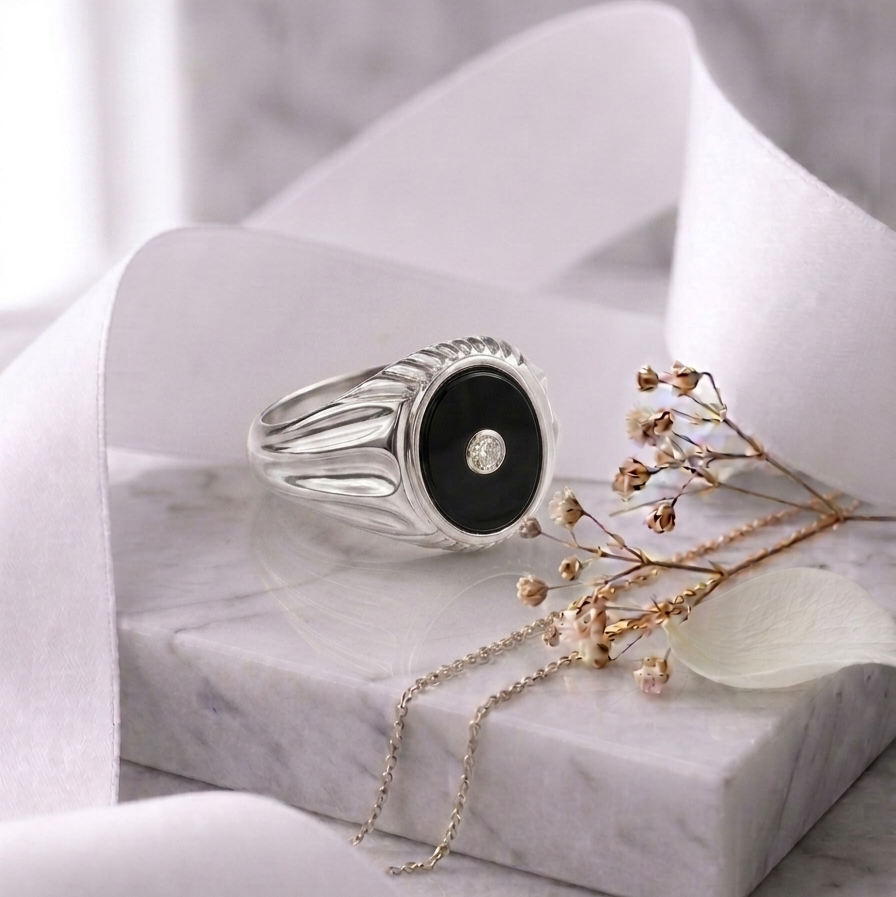 Onyx Stone & Lab Grown Diamond Signet Ring 14K Yellow/White/Rose Gold