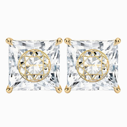 זוג עגילי יהלום מעבדה פרינסס חריטה בעיצוב אישי - זהב 14 קראט צהוב/לבן/רוז גולד