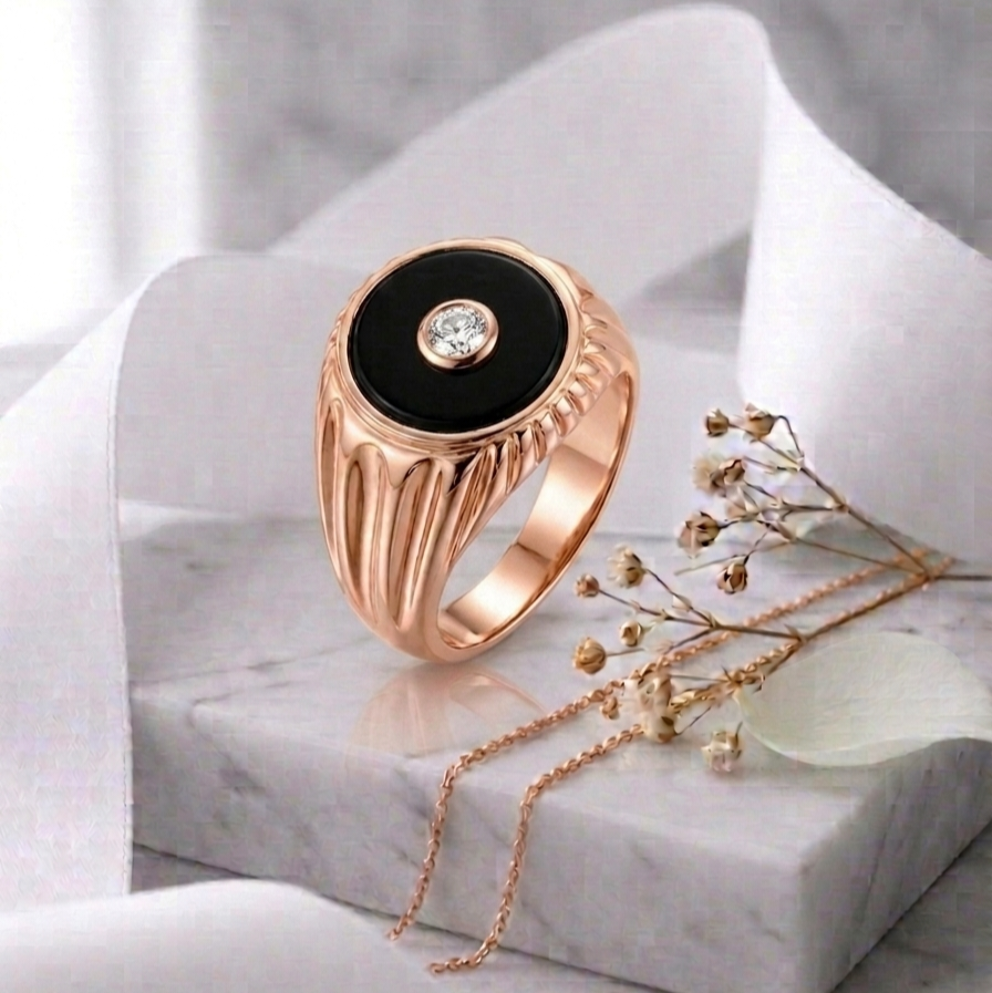 Round Onyx Stone & Lab Grown Diamond Signet Ring 14K Yellow/White/Rose Gold