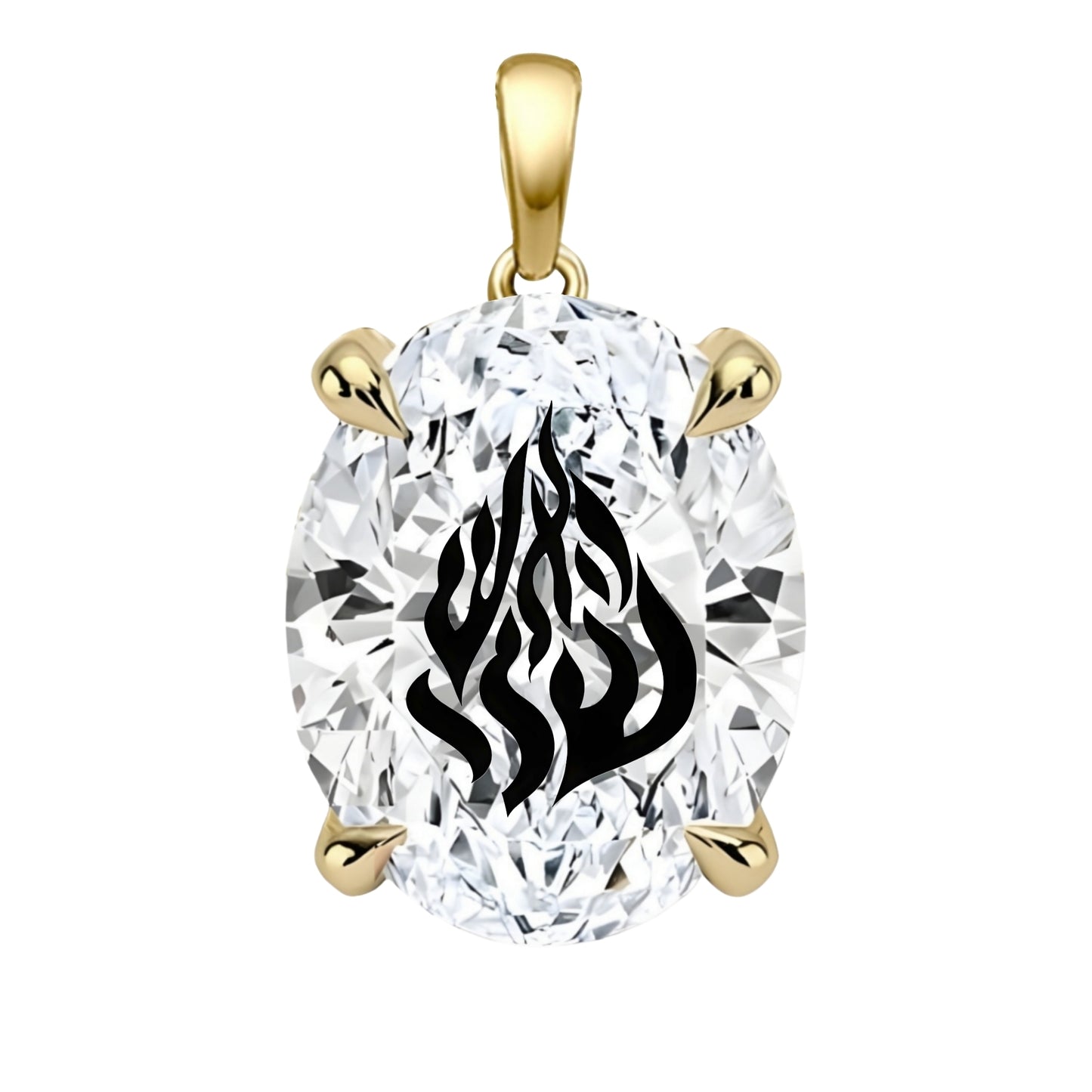 תליון אבן מוסונייט אובל עם חריטת לייזר האש שלי - זהב 14 קראט צהוב/לבן/רוז גולד