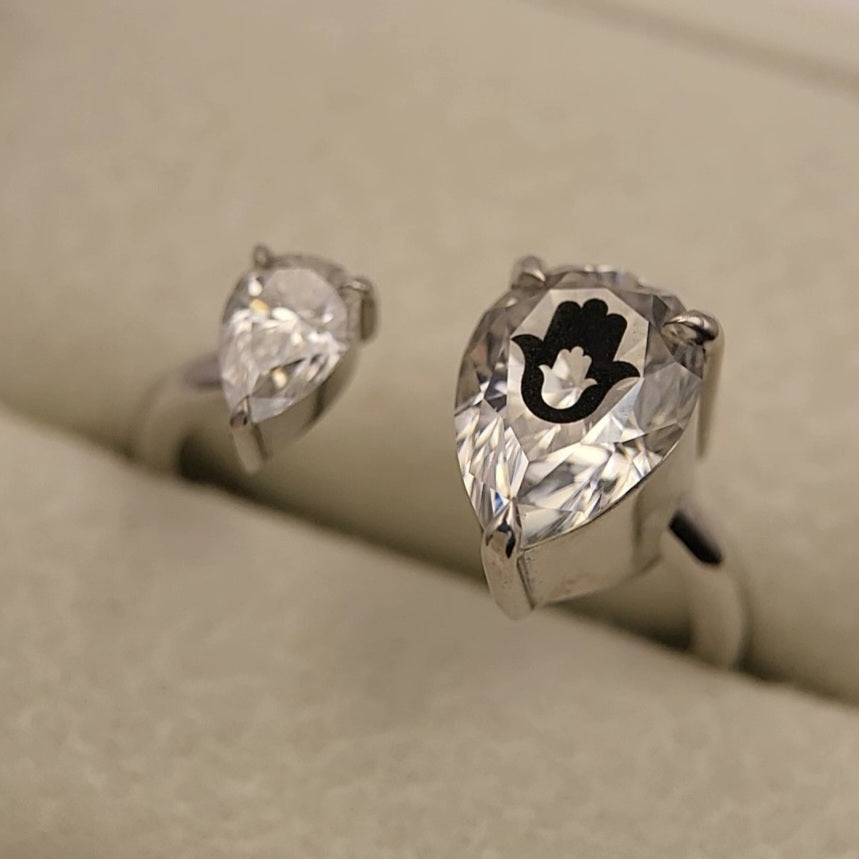 Laser Engrave Onto Center Of Lab Grown Diamond Pears Ring Hamsa Engraved 14K Gold