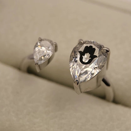 Laser Engrave Onto Center Of Lab Grown Diamond Pears Ring Hamsa Engraved 14K Gold