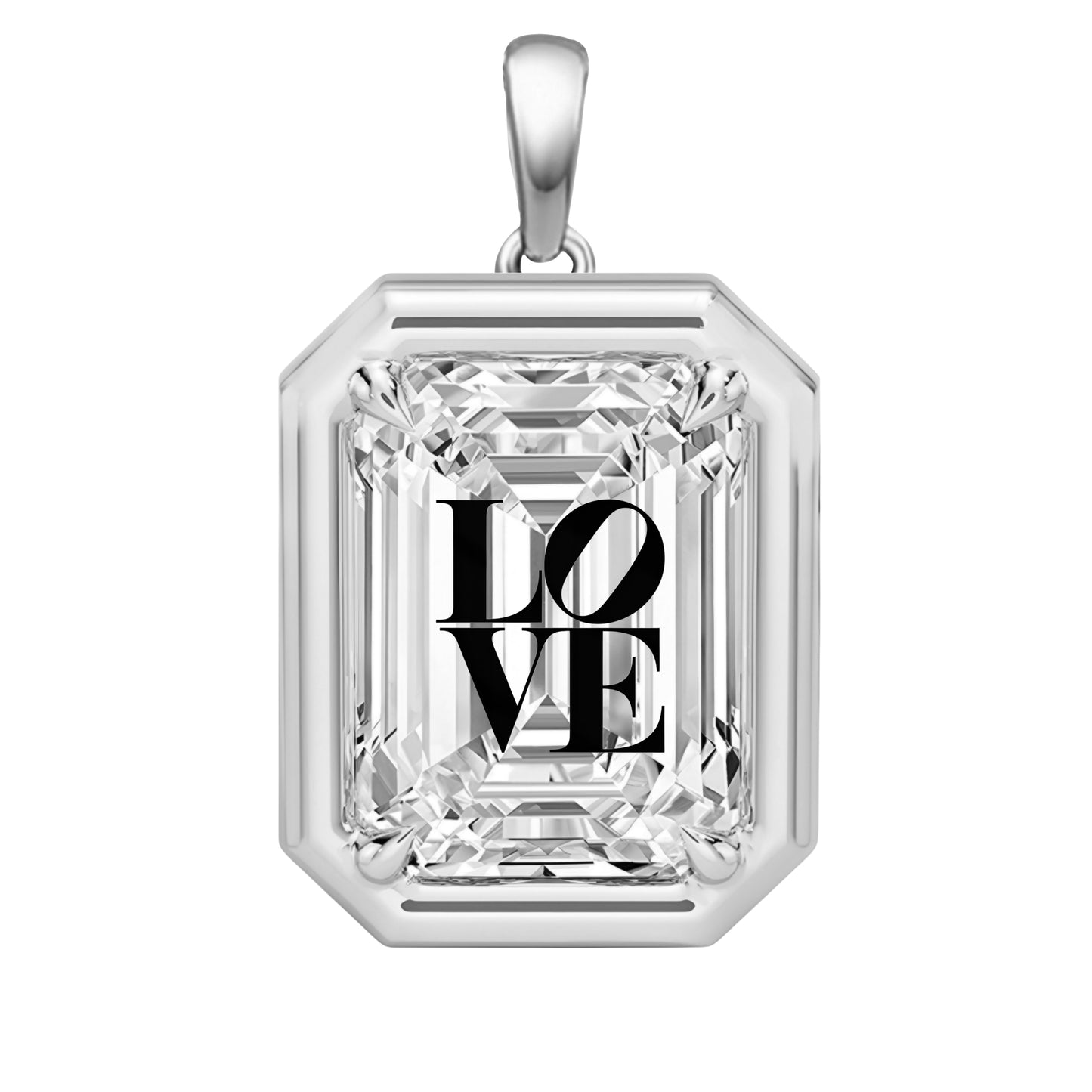 תליון יהלום מעבדה אמרלד עם חריטת לייזר LOVE - שיבוץ בזל וציפורני חתול זהב 14 קראט צהוב/לבן/רוז גולד