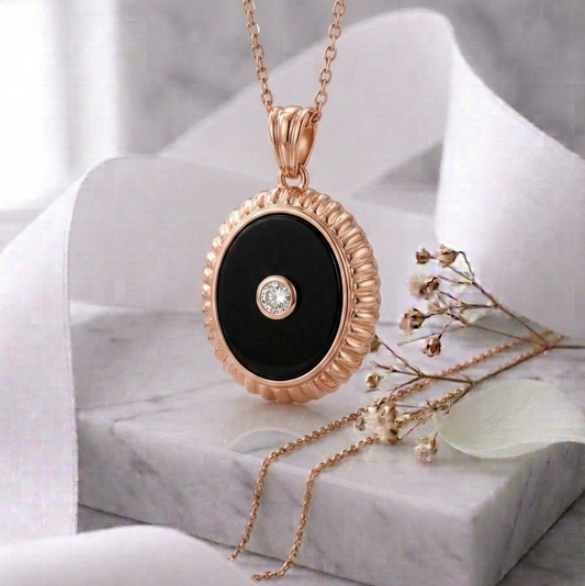 Oval Onyx Stone & Lab Grown Diamond Pendant Necklace 14K Yellow/White/Rose Gold