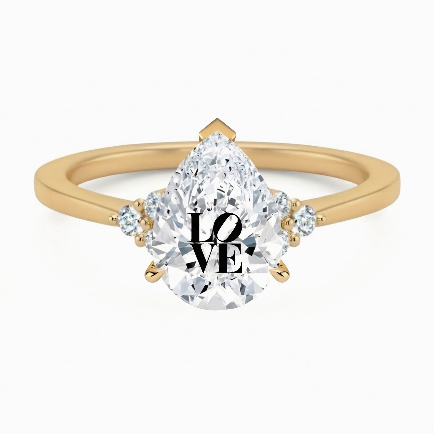 Laser Engrave Onto Center Of Lab Grown Diamond Pear Ring LOVE Engraved 14K Gold