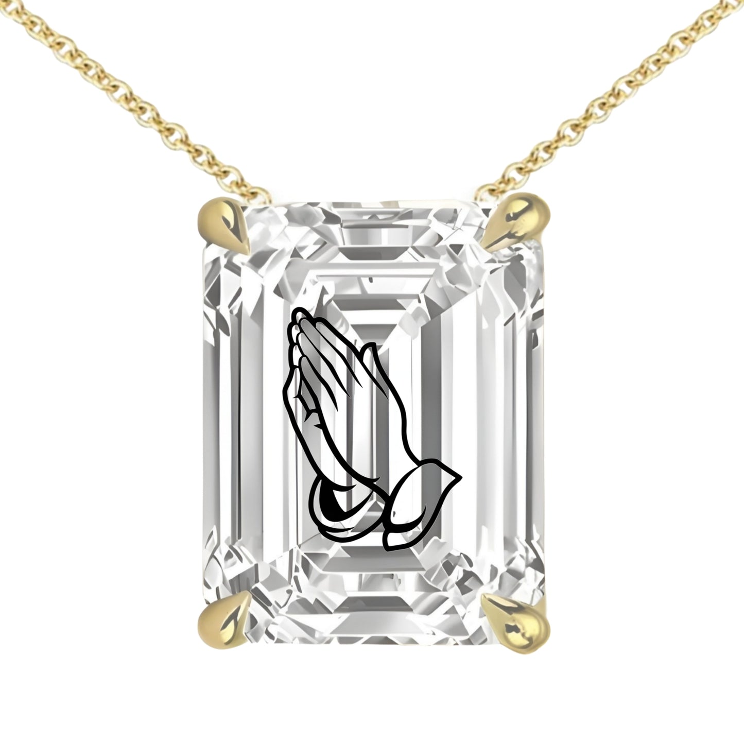 Lab Grown Diamond Emerald Necklace With Praying Hands Laser Engraved On The Diamond