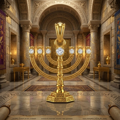 Magnificent 14K Gold Temple Menorah Pendant with Lab Grown Diamonds