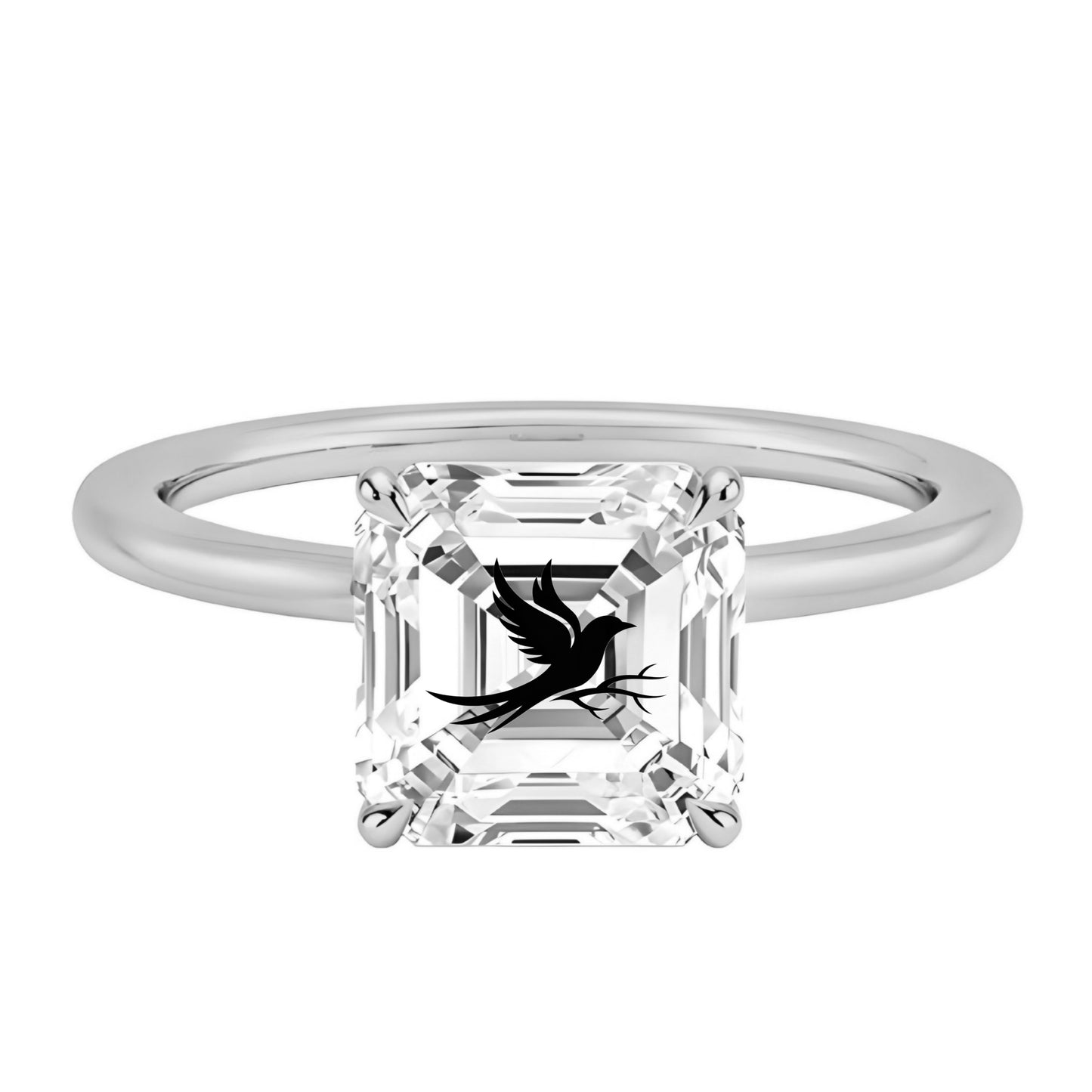 טבעת אבן מוסונייט אשר עם חריטת לייזר עורב וענף - זהב 14 קראט צהוב/לבן/רוז גולד