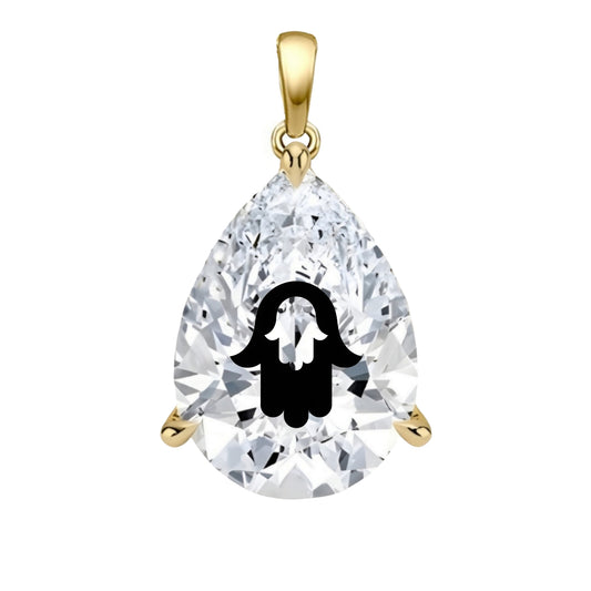 תליון יהלום מעבדה טיפה עם חריטת לייזר חמסה בחמסה - זהב 14 קראט צהוב/לבן/רוז גולד