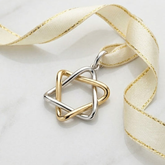 תליון מגן דוד תלת מימד גיאומטרי שני צבעים זהב 14 קראט צהוב לבן - עיצוב מיוחד