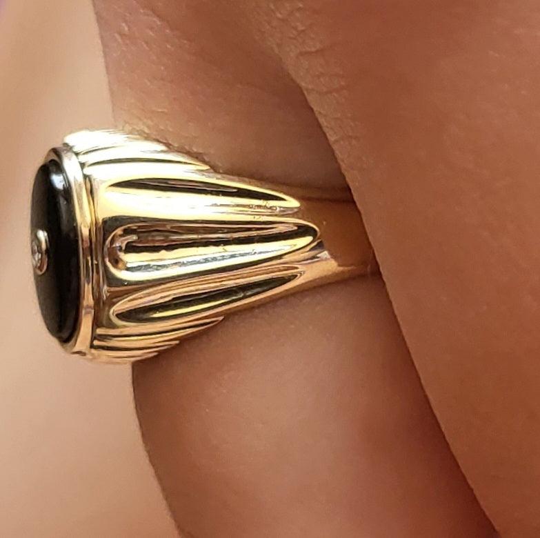 Onyx Stone & Lab Grown Diamond Signet Ring 14K Yellow/White/Rose Gold