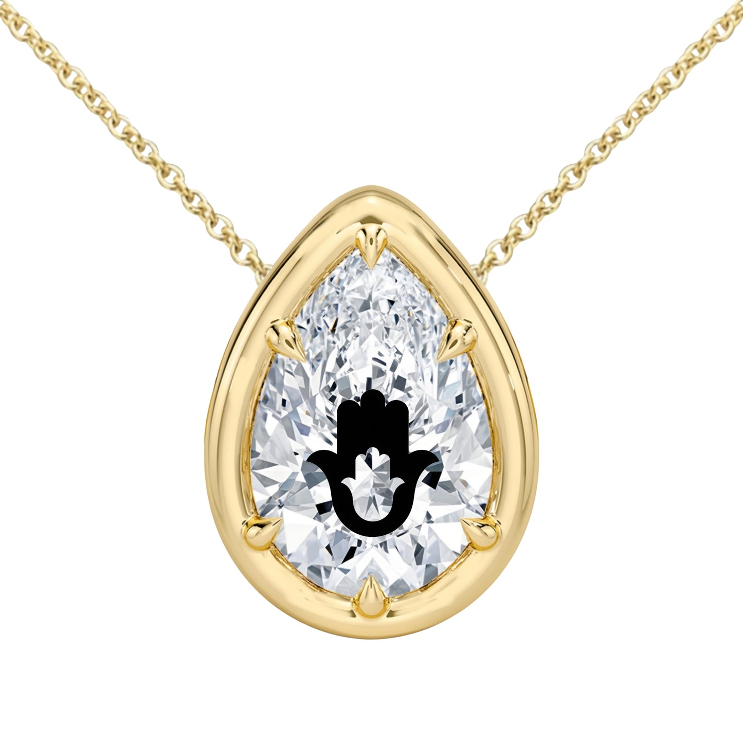 Lab Grown Diamond Pear Bezel Prongs Pendant Setting With Hamsa Laser Engraved On The Diamond Necklace 14K Gold