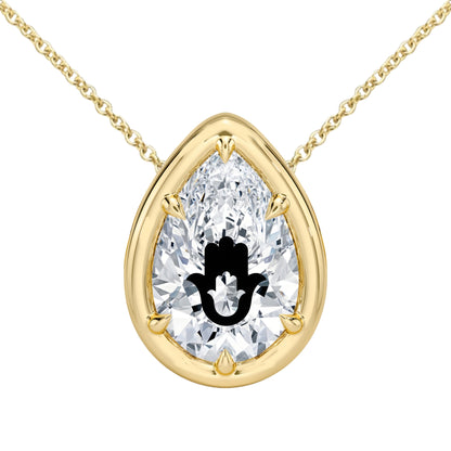 Lab Grown Diamond Pear Bezel Prongs Pendant Setting With Hamsa Laser Engraved On The Diamond Necklace 14K Gold