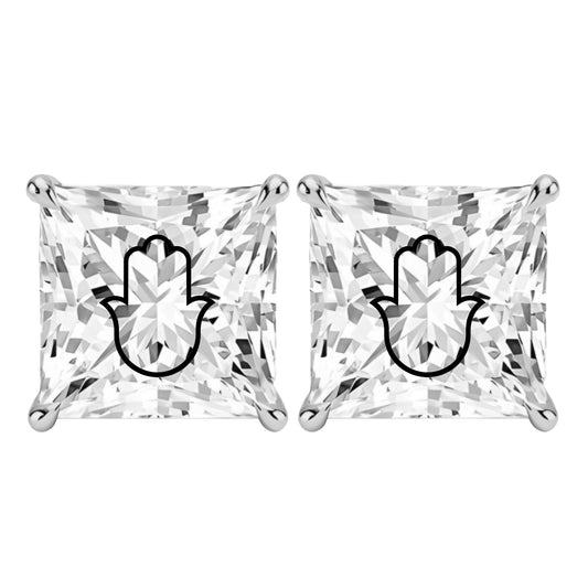 זוג עגילי אבן מוסונייט פרינסס עם חריטת לייזר חמסה - כסף 925