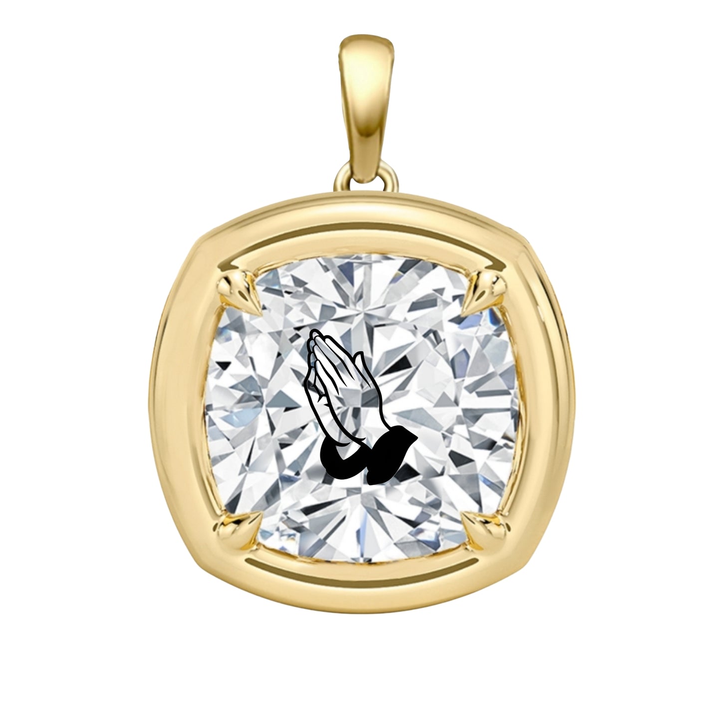 Laser Engrave On Lab Grown Diamond Cushion Bezel Prongs Pendant Praying Hands Engraved 14K Gold
