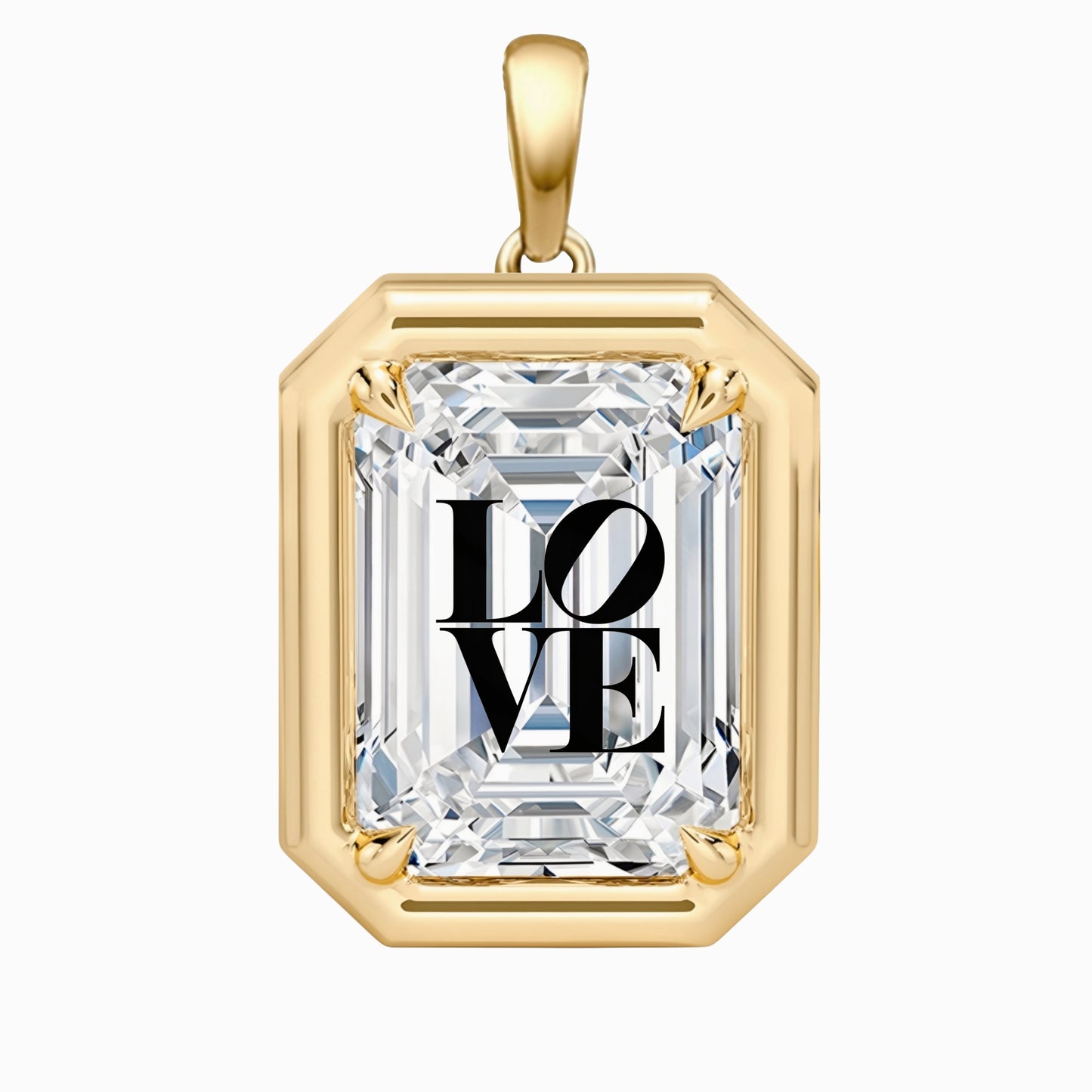 תליון יהלום מעבדה אמרלד עם חריטת לייזר LOVE - שיבוץ בזל וציפורני חתול זהב 14 קראט צהוב/לבן/רוז גולד