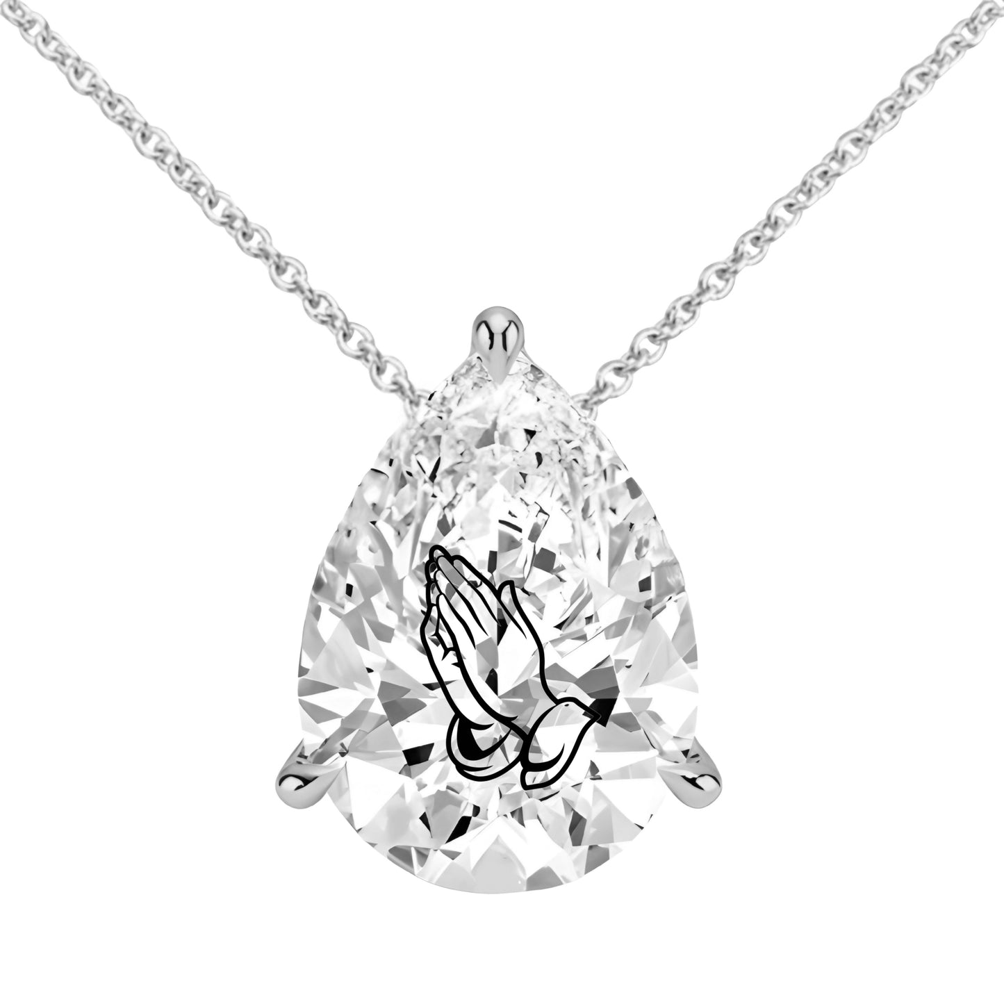 Lab Grown Diamond Pear Necklace With Praying Hands Laser Engraved On The Diamond