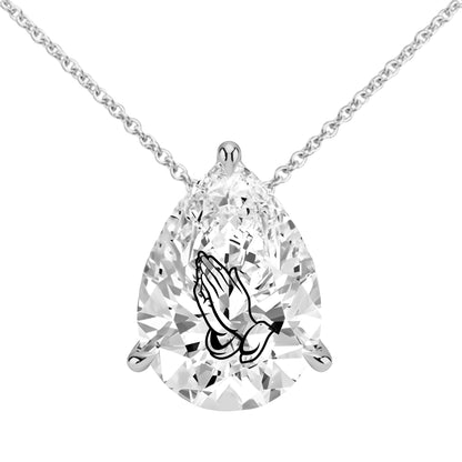 Lab Grown Diamond Pear Necklace With Praying Hands Laser Engraved On The Diamond