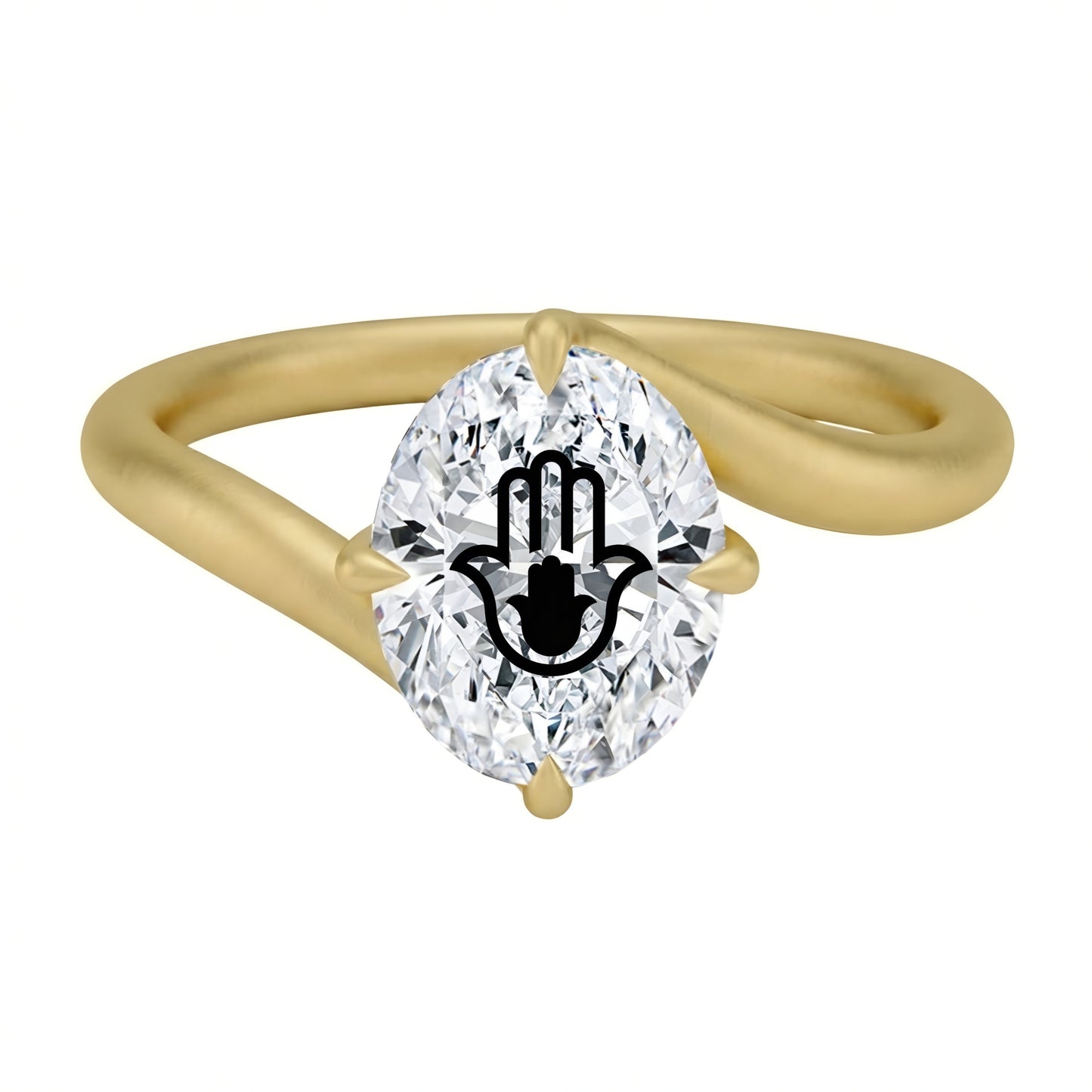 Laser Engrave Onto A Center Lab Grown Diamond Oval Twiat Ring Hamsa Engraved 14K Gold