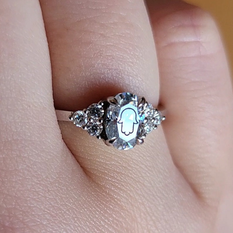 Laser Engrave On Moissanite Oval Ring Hamsa Engraved 14K Yellow/White/Rose Gold