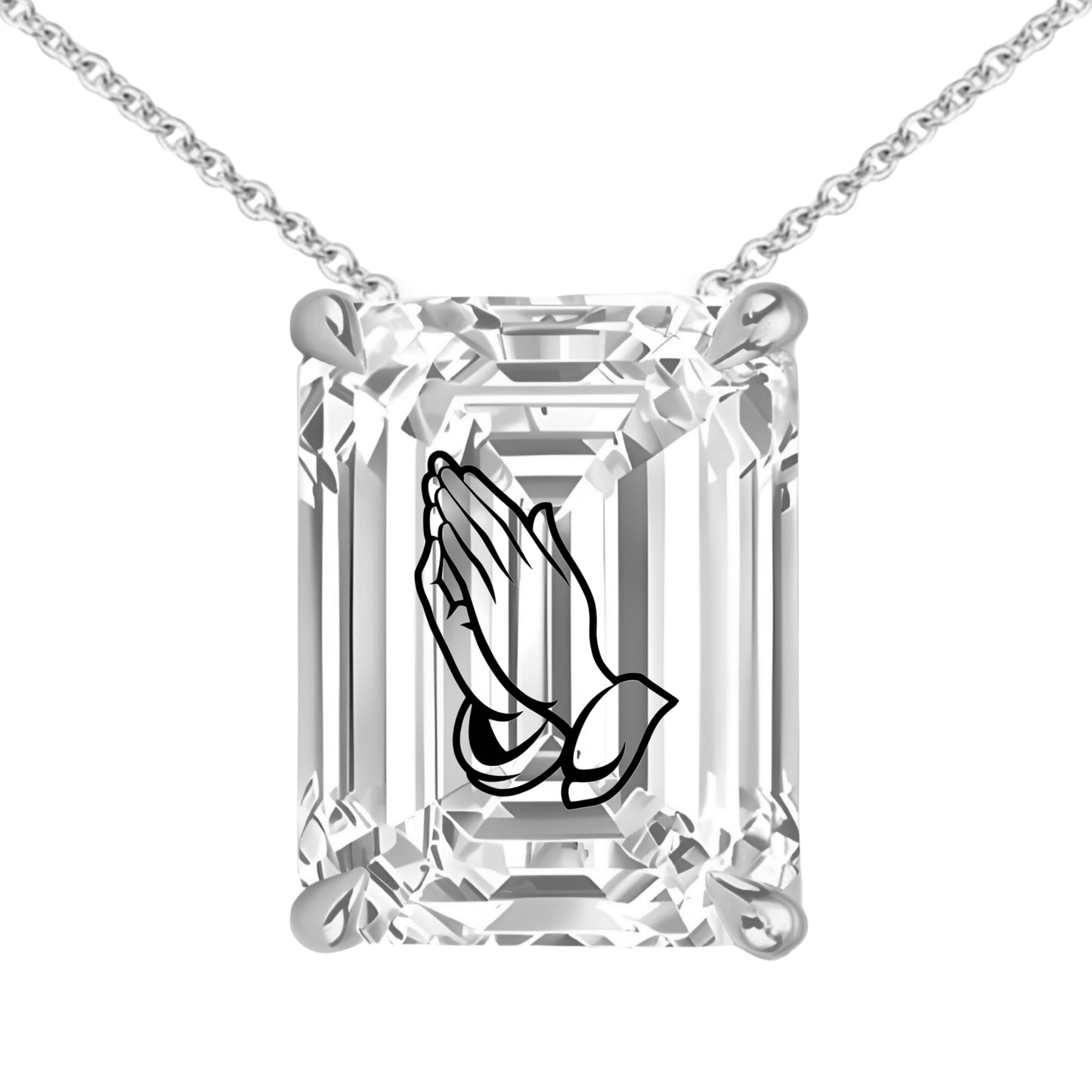 Lab Grown Diamond Emerald Necklace With Praying Hands Laser Engraved On The Diamond