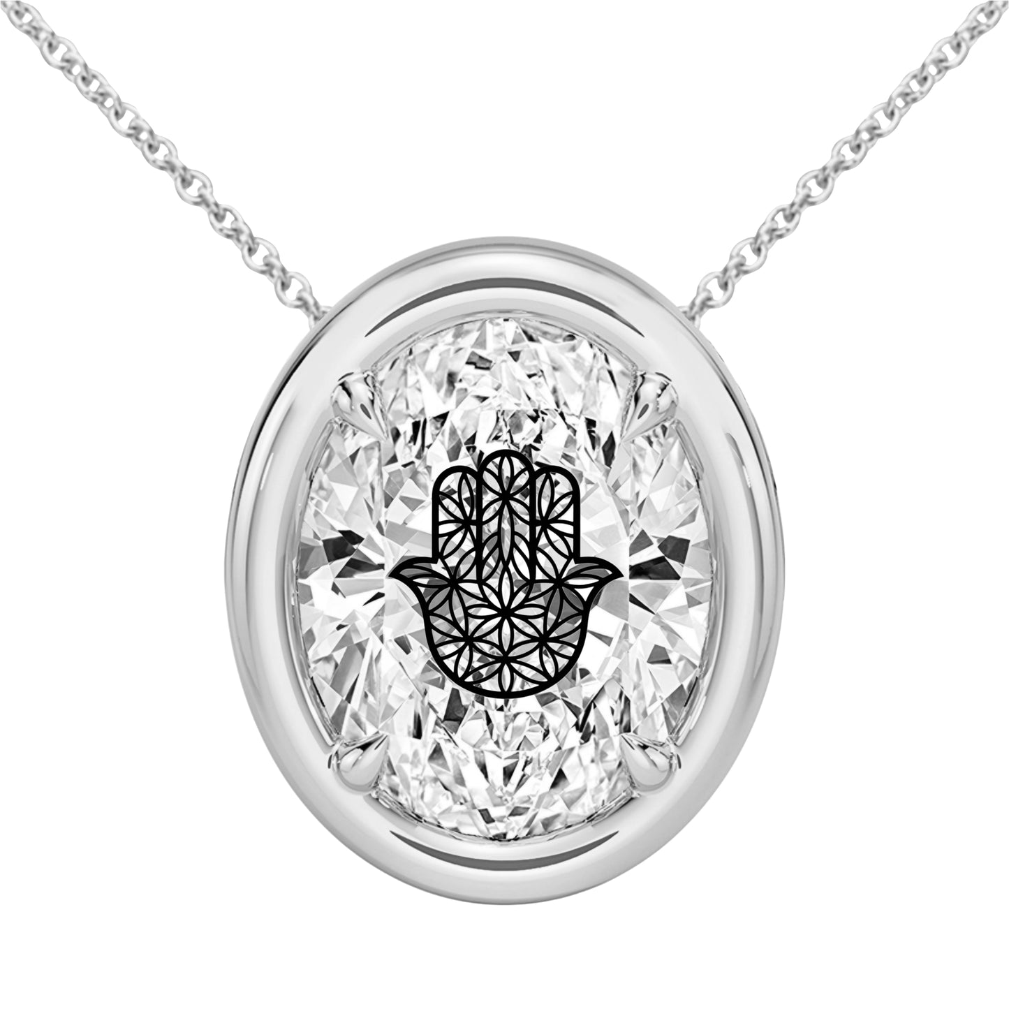 Laser Engrave On Lab Grown Diamond Oval Bezel Prongs Pendant Hamsa Flower Of Life Engraved  Necklace 14K Gold
