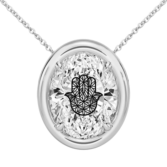 שרשרת אבן מוסונייט אובל מרחף עם חריטת לייזר חמסה פרח החיים - שיבוץ בזל ציפורני חתול כסף 925