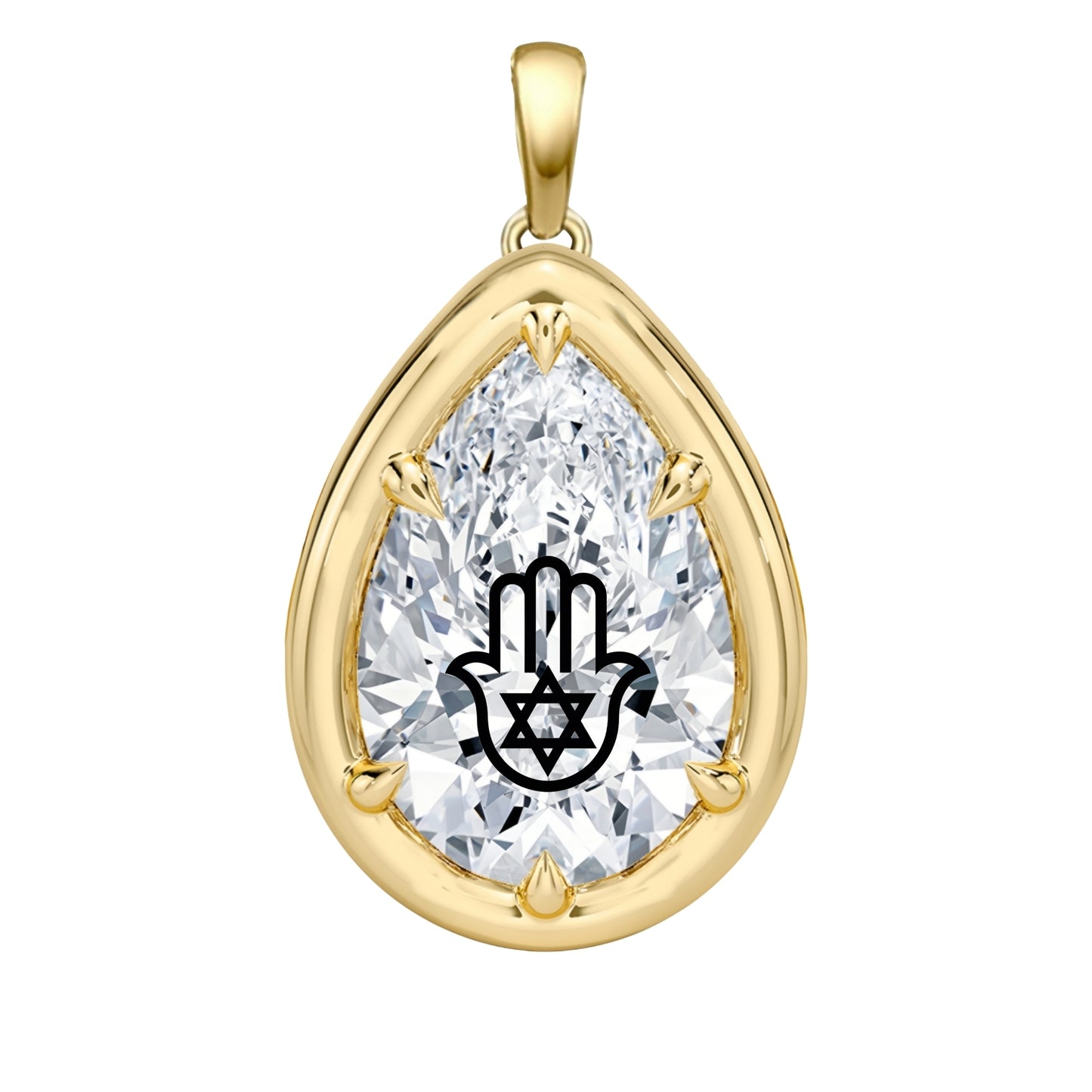Laser Engrave Lab Grown Diamond Pear Bezel Prongs Pendant Hamsa Engraved 14K Gold