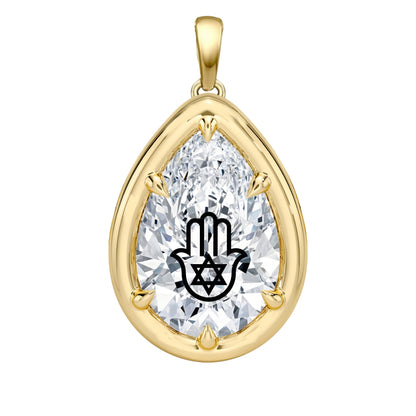 Laser Engrave Lab Grown Diamond Pear Bezel Prongs Pendant Hamsa Engraved 14K Gold