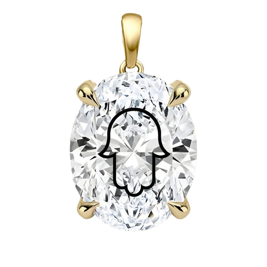 Laser Engrave Lab Grown Diamond Oval Pendant Hamsa Engraved 14K Gold