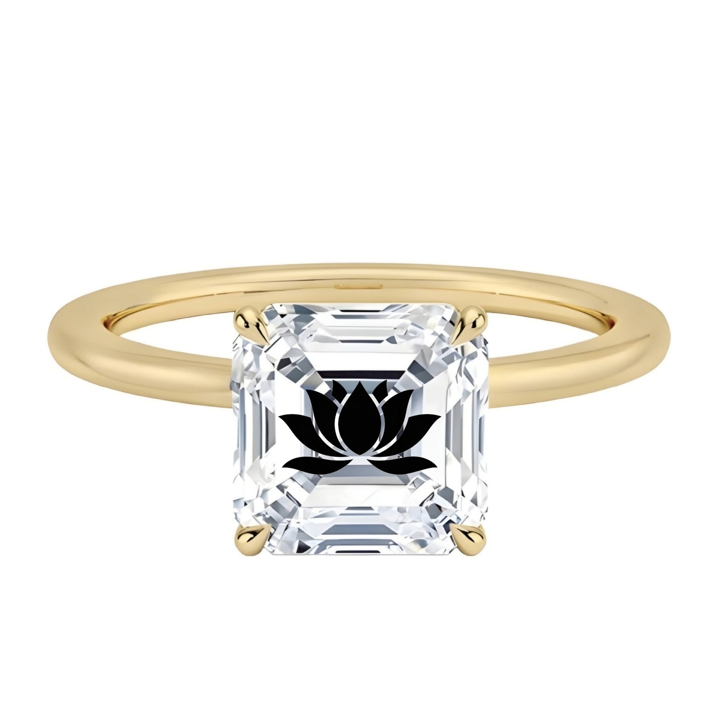 טבעת אבן מוסונייט אשר עם חריטת לייזר פרח לוטוס - זהב 14 קראט צהוב/לבן/רוז גולד