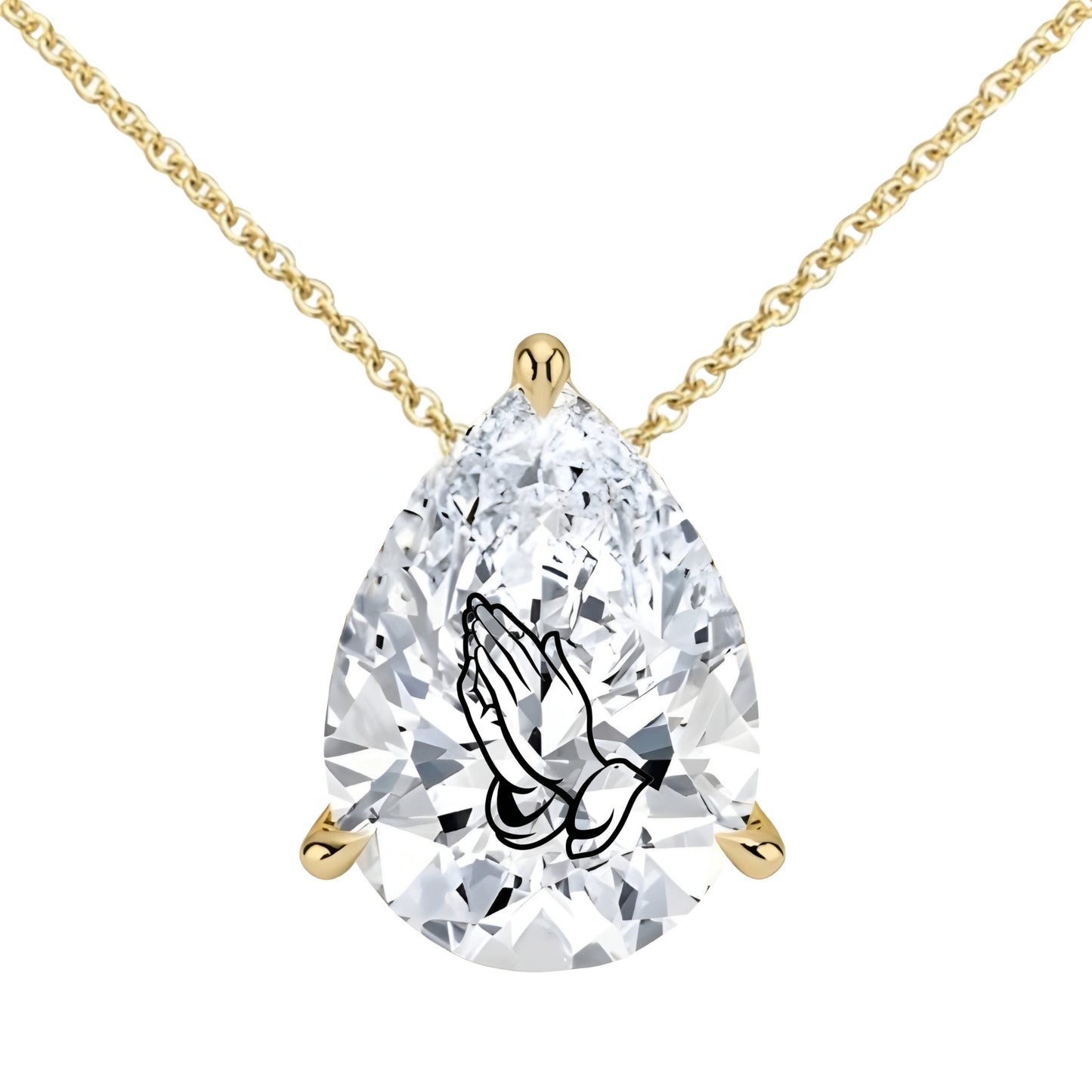 Lab Grown Diamond Pear Necklace With Praying Hands Laser Engraved On The Diamond