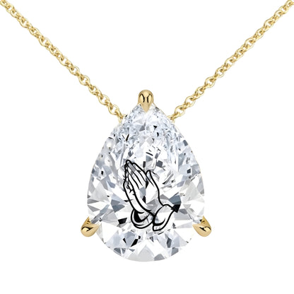 Lab Grown Diamond Pear Necklace With Praying Hands Laser Engraved On The Diamond