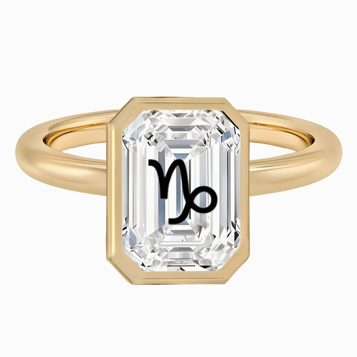 Laser Engrave Onto Center Of Moissanite Emerald Bezel Signet Ring Zodiac Signs Engraved 14K Gold