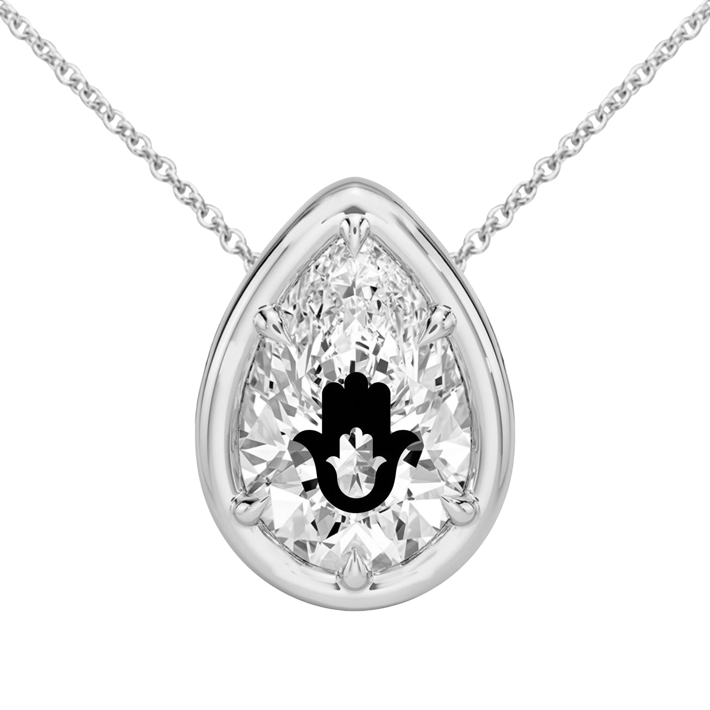 Lab Grown Diamond Pear Bezel Prongs Pendant Setting With Hamsa Laser Engraved On The Diamond Necklace 14K Gold