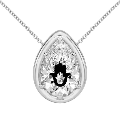 Lab Grown Diamond Pear Bezel Prongs Pendant Setting With Hamsa Laser Engraved On The Diamond Necklace 14K Gold
