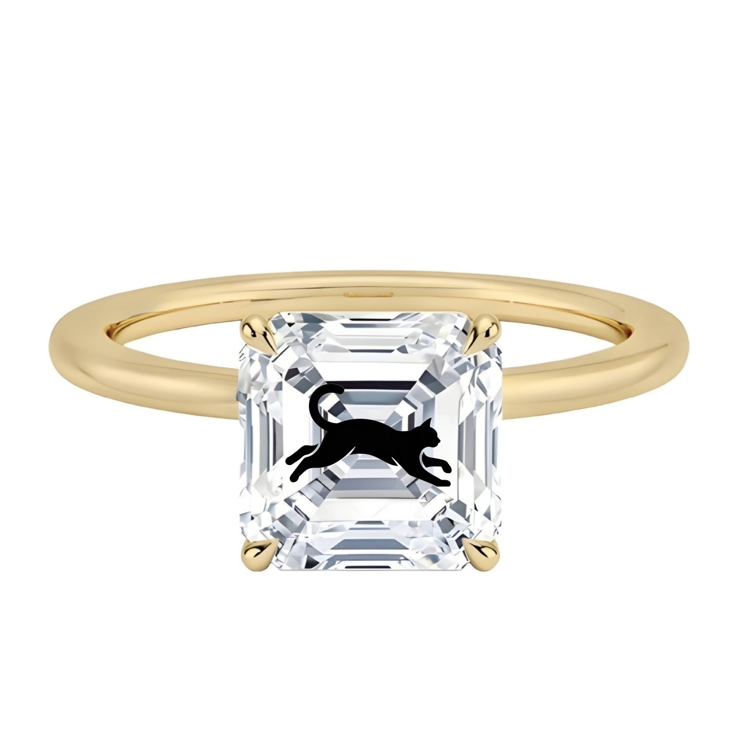 טבעת אבן מוסונייט אשר עם חריטת לייזר חתול - זהב 14 קראט צהוב/לבן/רוז גולד