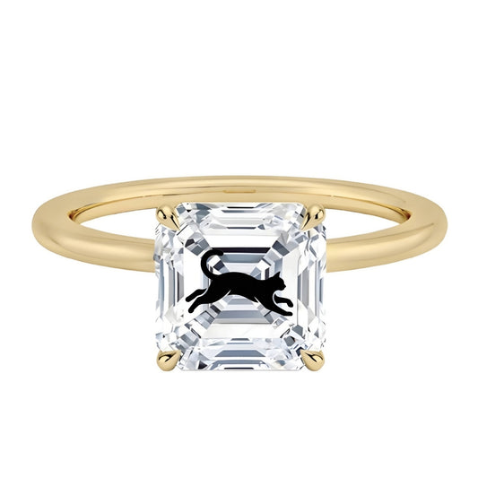 טבעת אבן מוסונייט אשר עם חריטת לייזר חתול - זהב 14 קראט צהוב/לבן/רוז גולד