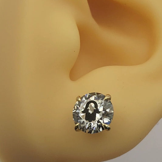 עגיל יהלום מעבדה עגול עם חריטת לייזר חמסה בחמסה – זהב 14 קראט צהוב/לבן/רוז גולד – עגיל ייחודי עם מסר רוחני