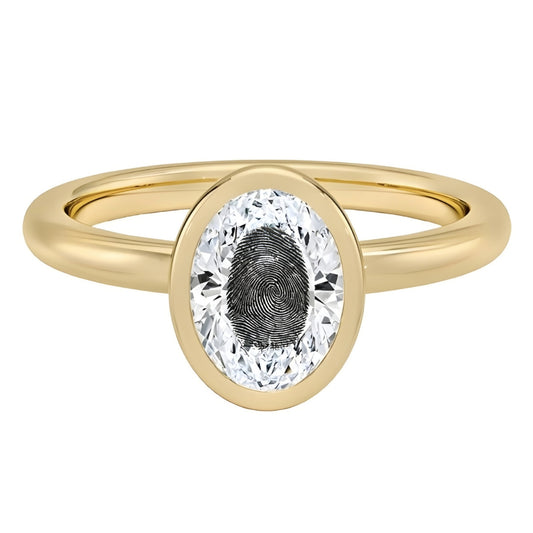 Laser Engrave Onto A Center Of Lab Grown Diamond Oval Bezel Signet Ring Fingerprint Engraved 14K Gold