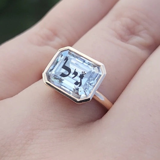 Moissanite Emerald Signet Ring With Name Biblical Letters Laser Engraved On The Diamond 14K Gold