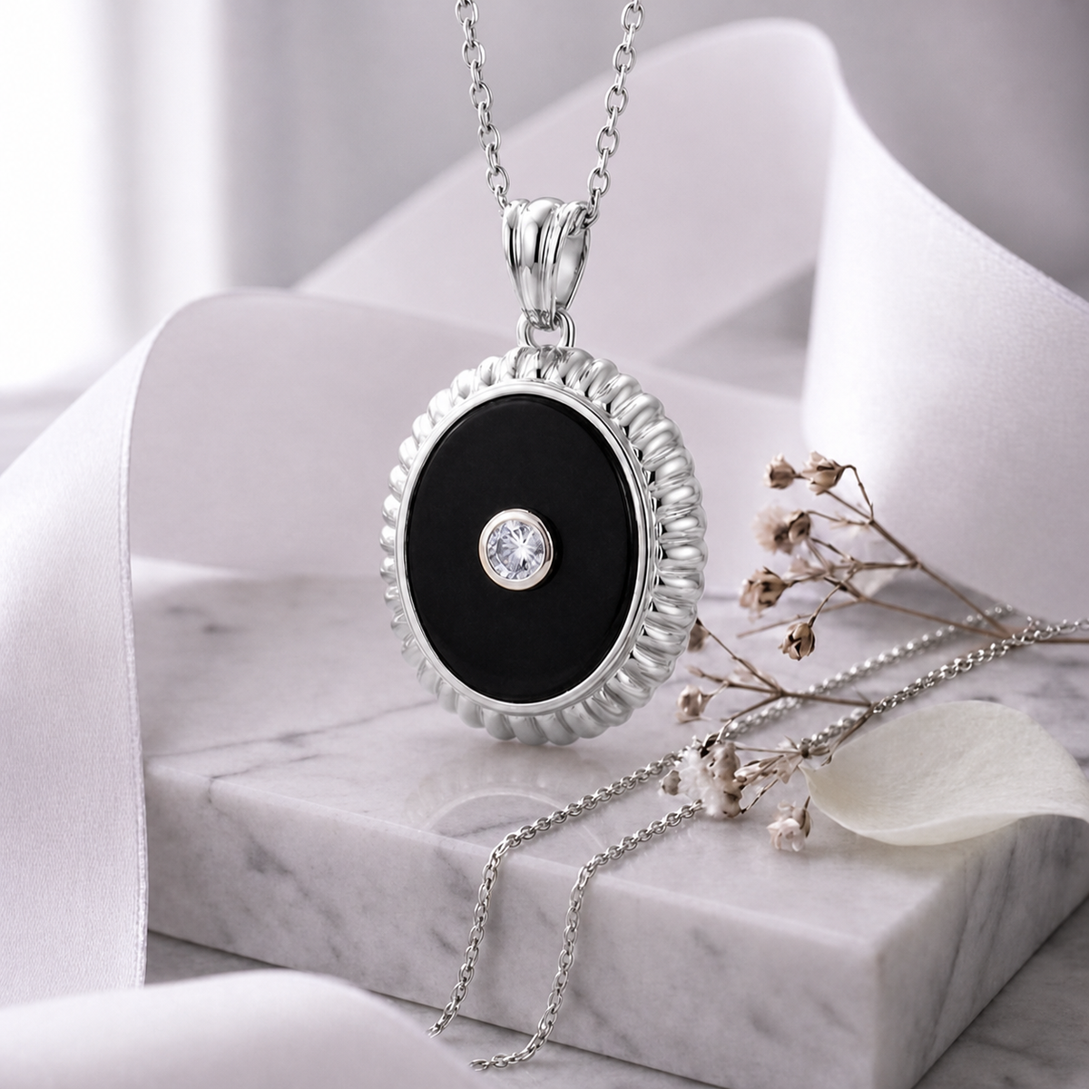 Oval Onyx Stone & Lab Grown Diamond Pendant Necklace 14K Yellow/White/Rose Gold