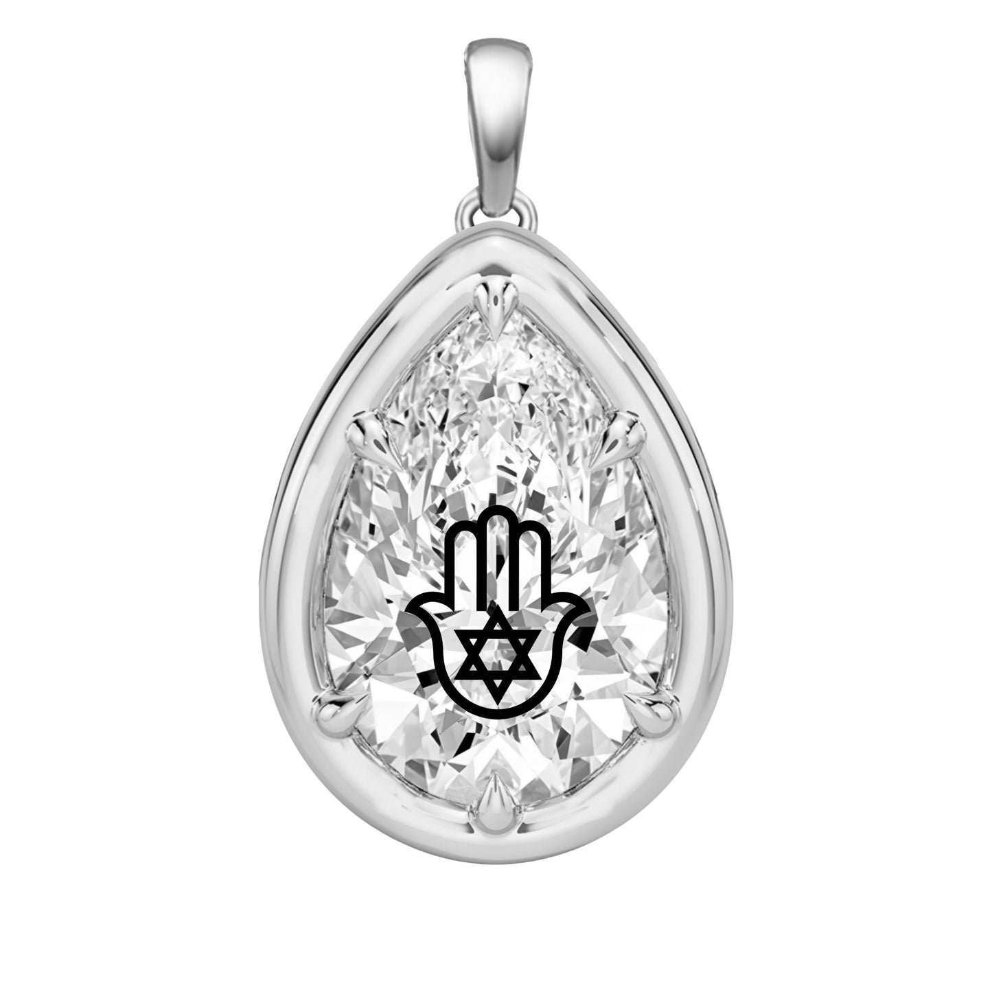 Laser Engrave Lab Grown Diamond Pear Bezel Prongs Pendant Hamsa Engraved 14K Gold