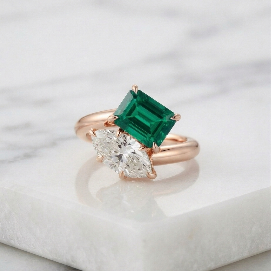 Toi Et Moi Ring Lab Grown Diamond Marquise & Lab Grown Emerald 14K Yellow/White/Rose Gold